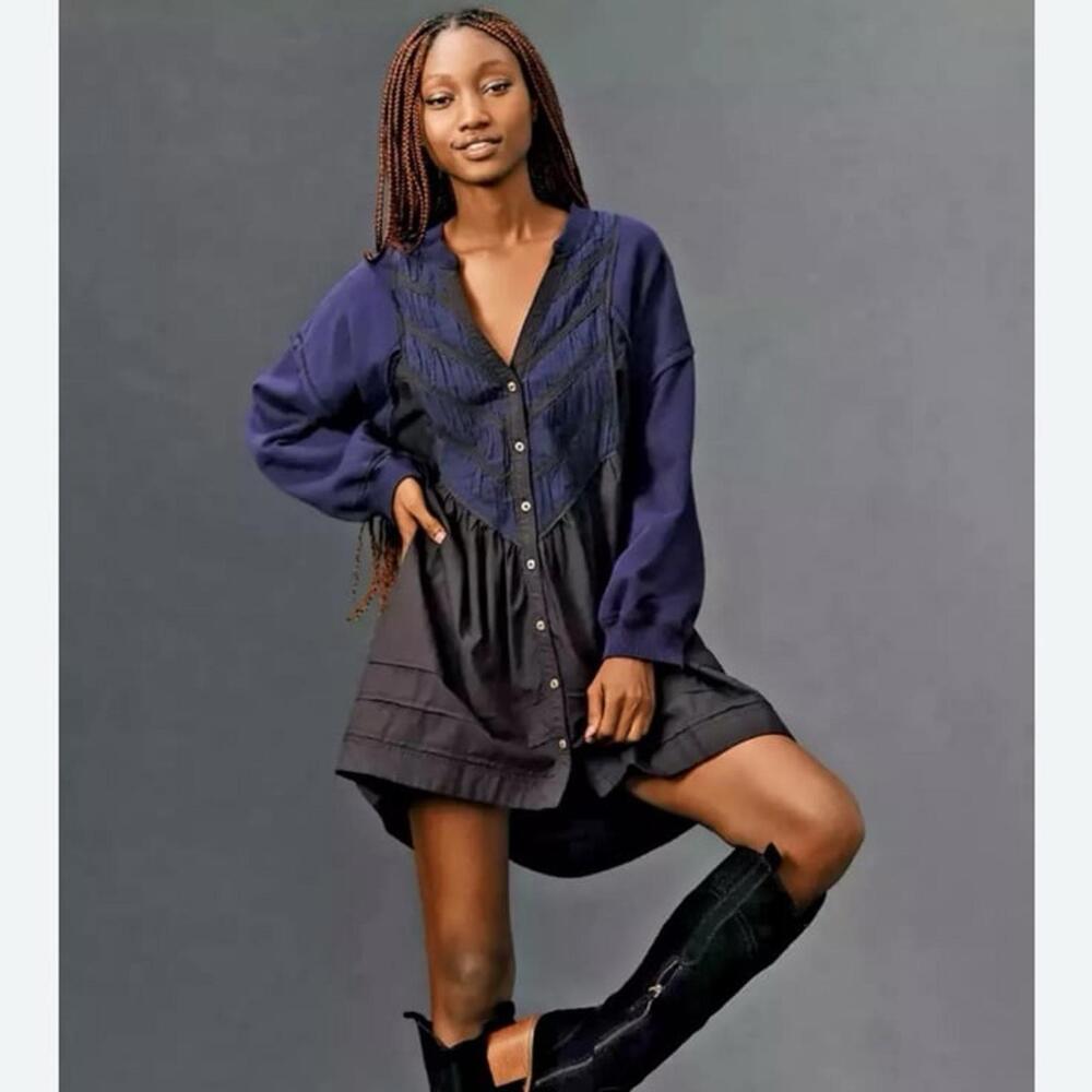 Pilcro Navy and Black Two-Tone Button Front Mini Dress